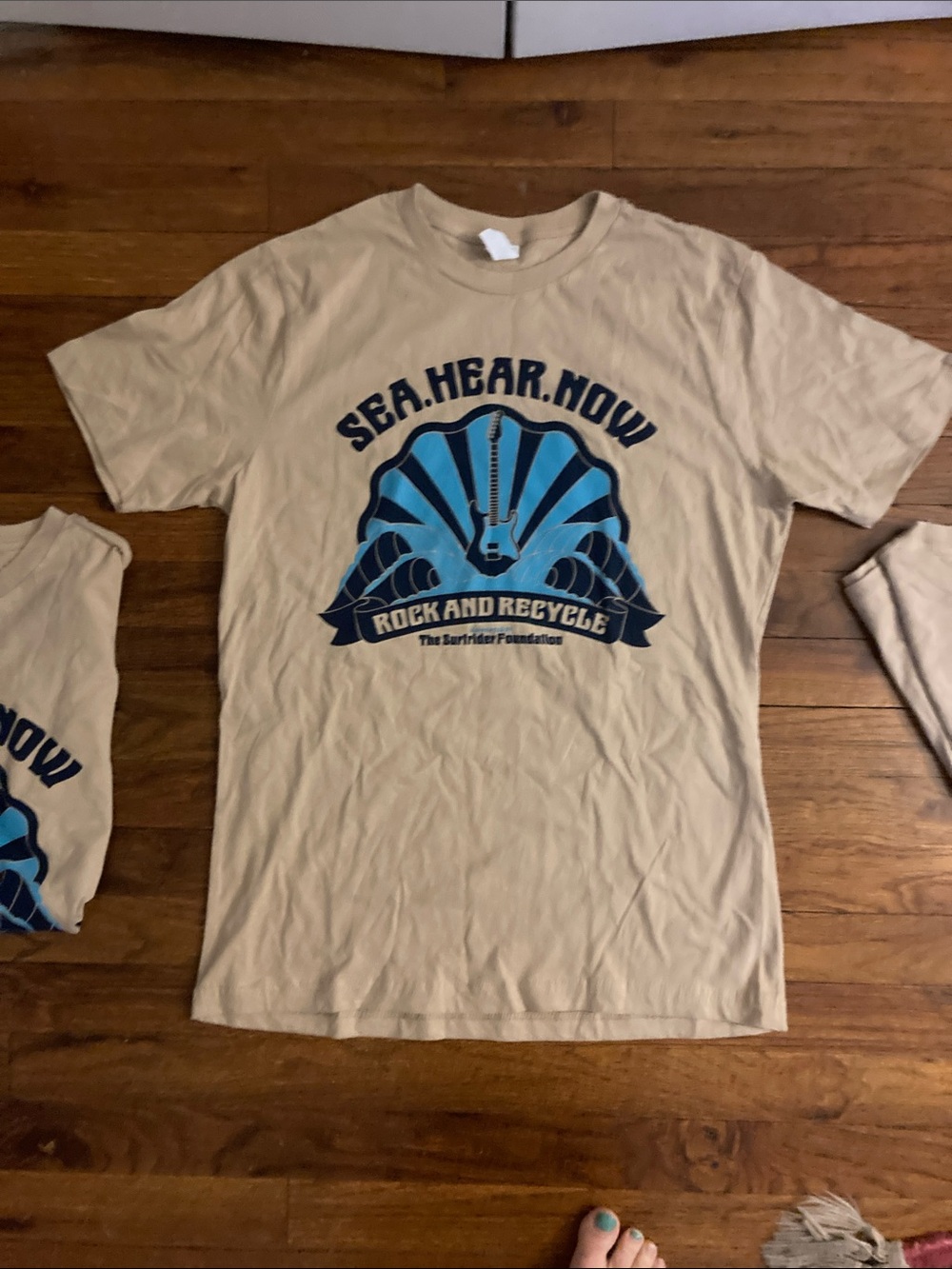 Beige Short Sleeve Graphic Tee with Blue Guitar Motif - Picture 2 of 4